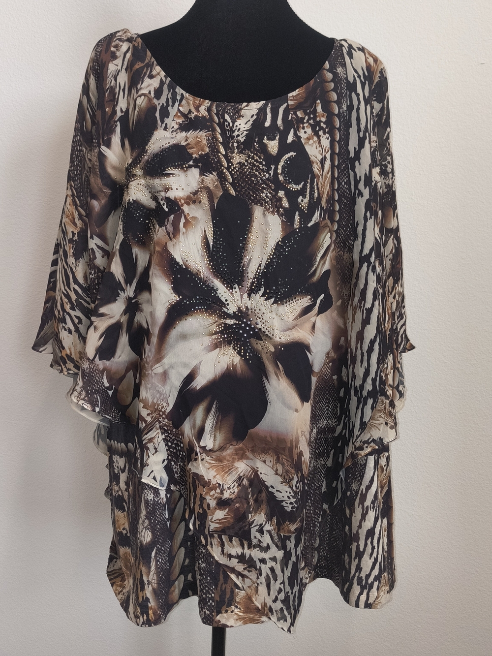 Roz & Ali Brown, Black & Cream Floral Overlay Tunic 3X
